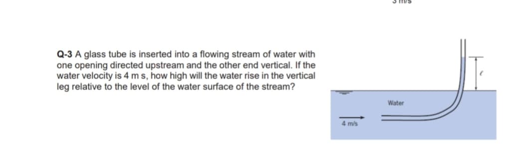 Q-3 A glass tube is inserted into a flowing stream of water with
one opening directed upstream and the other end vertical. If the
water velocity is 4 m s, how high will the water rise in the vertical
leg relative to the level of the water surface of the stream?
Water
4 m/s
