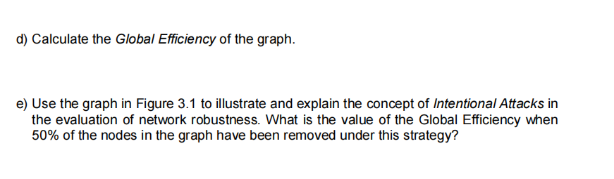 d) Calculate the Global Efficiency of the graph.
e) Use the graph in Figure 3.1 to illustrate and explain the concept of Intentional Attacks in
the evaluation of network robustness. What is the value of the Global Efficiency when
50% of the nodes in the graph have been removed under this strategy?