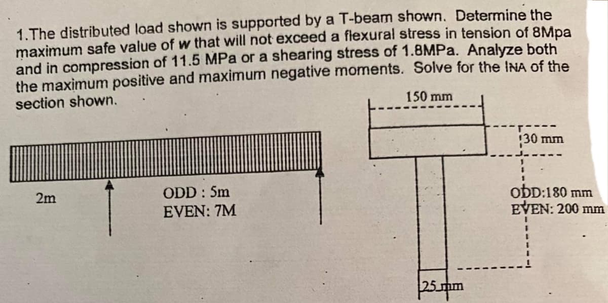 1.The distributed load shown is supported by a T-beam shown. Determine the
maximum safe value of w that will not exceed a flexural stress in tension of 8Mpa
and in compression of 11.5 MPa or a shearing stress of 1.8MPa. Analyze both
the maximum positive and maximum negative moments. Solve for the INA of the
section shown.
150 mm
2m
ODD: 5m
EVEN: 7M
25mm
130 mm
obD: 180 mm
EVEN: 200 mm