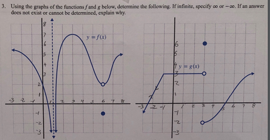 3. Using the graphs of the functions fand g below, determine the following. If infinite, specify ∞o or -∞o. If an answer
does not exist or cannot be determined, explain why.
324
2
1
T
3
y = f(x)
4 5
6 7 8
2-1
IMN
y = g(x)
2
1
TNM
2
●
6
7