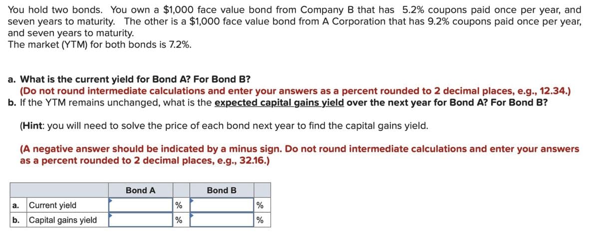 You hold two bonds. You own a $1,000 face value bond from Company B that has 5.2% coupons paid once per year, and
seven years to maturity. The other is a $1,000 face value bond from A Corporation that has 9.2% coupons paid once per year,
and seven years to maturity.
The market (YTM) for both bonds is 7.2%.
a. What is the current yield for Bond A? For Bond B?
(Do not round intermediate calculations and enter your answers as a percent rounded to 2 decimal places, e.g., 12.34.)
b. If the YTM remains unchanged, what is the expected capital gains yield over the next year for Bond A? For Bond B?
(Hint: you will need to solve the price of each bond next year to find the capital gains yield.
(A negative answer should be indicated by a minus sign. Do not round intermediate calculations and enter your answers
as a percent rounded to 2 decimal places, e.g., 32.16.)
a. Current yield
b. Capital gains yield
Bond A
%
%
Bond B
%
%