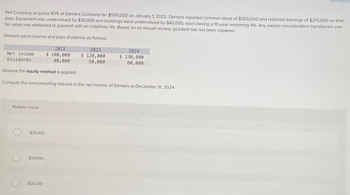 Pell Company acquires 80% of Demers Company for $500,000 on January 1, 2022. Demers reported common stock of $300,000 and retained earnings of $210,000 on that
date. Equipment was undervalued by $30,000 and buildings were undervalued by $40,000, each having a 10-year remaining life. Any excess consideration transferred over
fair value was attributed to goodwill with an indefinite life. Based on an annual review, goodwill has not been impaired.
Demers earns income and pays dividends as follows:
Net income
Dividends
2022
$ 100,000
40,000
2023
$ 120,000
50,000
2024
$ 130,000
60,000
Assume the equity method is applied.
Compute the noncontrolling interest in the net income of Demers at December 31, 2024.
Multiple Choice
$20,400
$24,600
$26,000