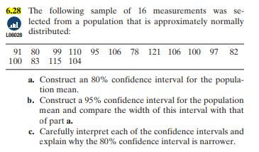 6.28 The following sample of 16 measurements was se-
lected from a population that is approximately normally
LOGO2e distributed:
91 80 99 110 95 106 78 121 106 100 97 82
100 83 115 104
a. Construct an 80% confidence interval for the popula-
tion mean.
b. Construct a 95% confidence interval for the population
mean and compare the width of this interval with that
of part a.
c. Carefully interpret each of the confidence intervals and
explain why the 80% confidence interval is narrower.
