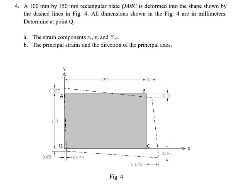 4. A 100 mm by 150 mm rectangular plate QABC is deformed into the shape shown by
the dashed lines in Fig. 4. All dimensions shown in the Fig. 4 are in millimeters.
Determine at point Q:
a. The strain components Ex, Ey and Yxy.
b. The principal strains and the direction of the principal axes.
0.025
100
0.05-
A
-0.075
150
Fig. 4
0.175
B
0.1-
C
0.05
0.125
X