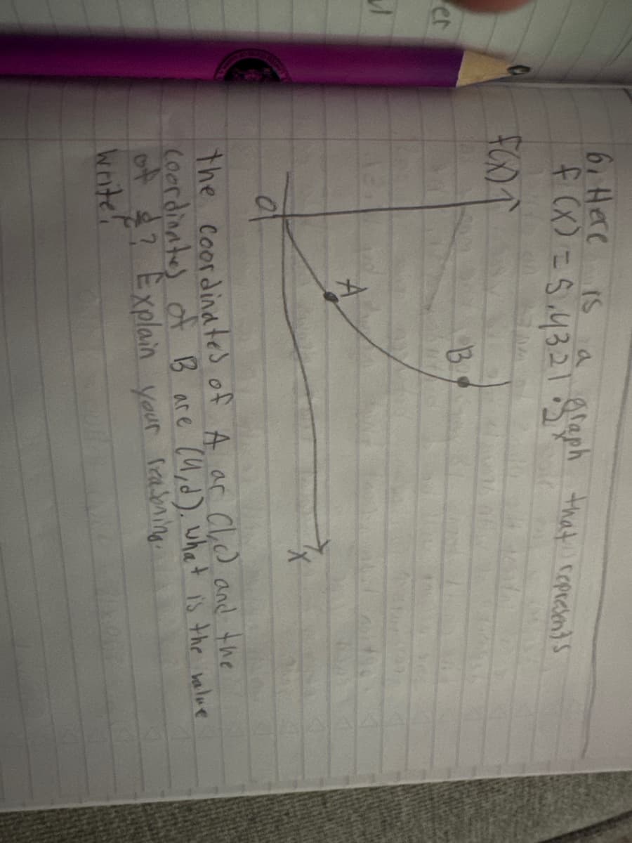 er
M
61 Here
IS
f (x) = 5,4321 ph
FOOT
B
that represents
01
the coordinates of A ar Cl₂c) and the
Coordinates of B are (4,d), what is the halve
of &? Explain your reasoning.
write!