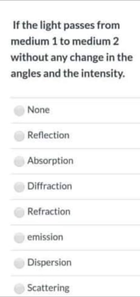 If the light passes from
medium 1 to medium 2
without any change in the
angles and the intensity.
None
Reflection
Absorption
Diffraction
Refraction
emission
Dispersion
Scattering
