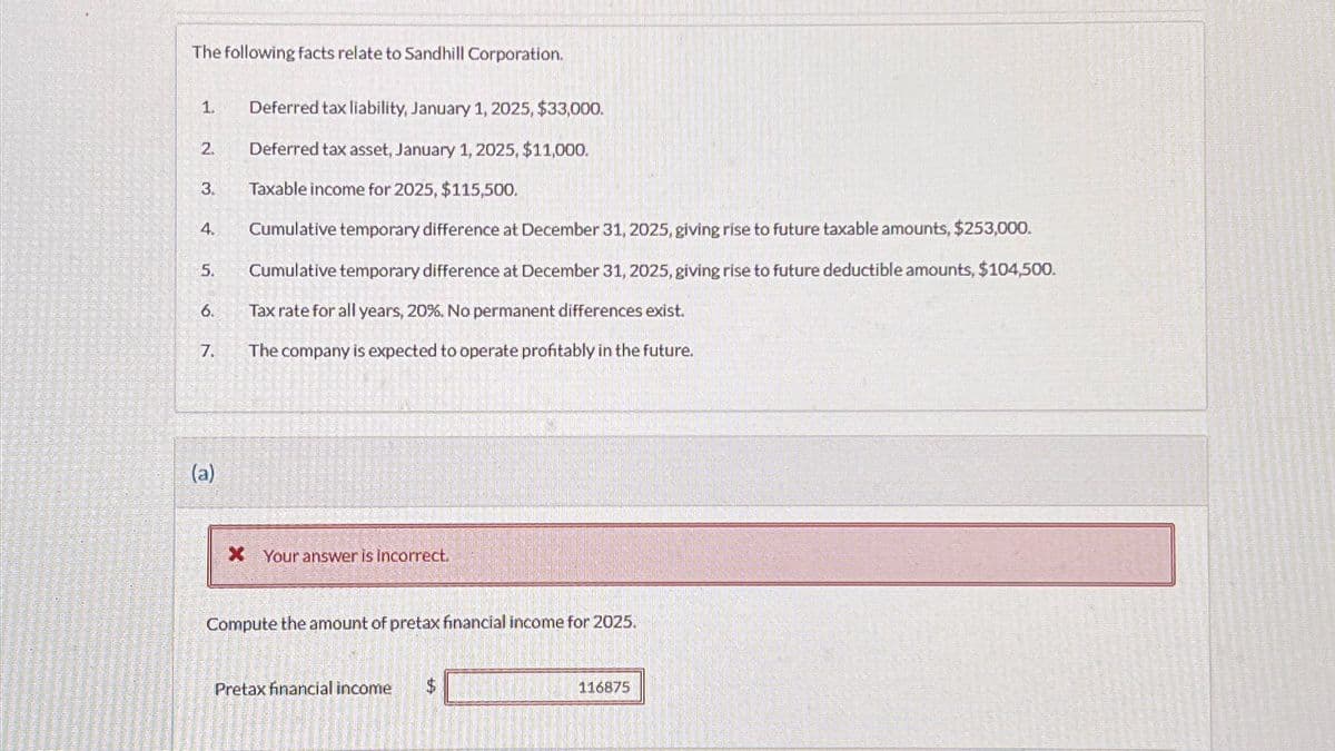 The following facts relate to Sandhill Corporation.
1.
Deferred tax liability, January 1, 2025, $33,000.
2.
Deferred tax asset, January 1, 2025, $11,000.
3.
Taxable income for 2025, $115,500.
4.
5.
6.
7.
Cumulative temporary difference at December 31, 2025, giving rise to future taxable amounts, $253,000.
Cumulative temporary difference at December 31, 2025, giving rise to future deductible amounts, $104,500.
Tax rate for all years, 20%. No permanent differences exist.
The company is expected to operate profitably in the future.
(a)
X Your answer is incorrect.
Compute the amount of pretax financial income for 2025.
Pretax financial income $
116875