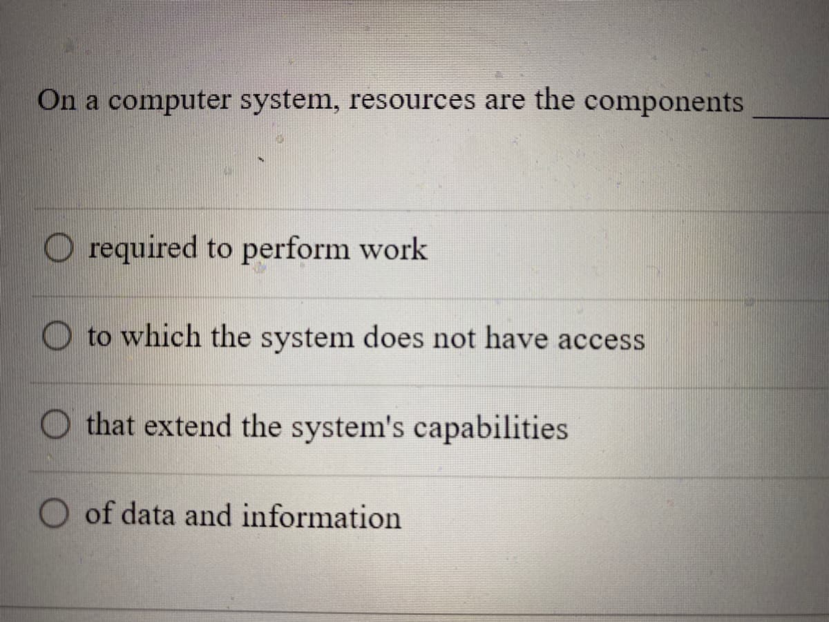 On a computer system, resources are the components
O required to perform work
O to which the system does not have access
that extend the system's capabilities
of data and information