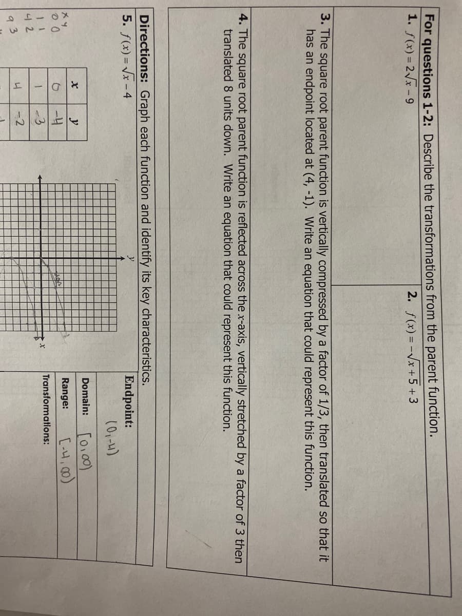 For questions 1-2: Describe the transformations from the parent function.
1. f(x) = 2x-9
2. f(x) = -Vx +5 + 3
3. The square root parent function is vertically compressed by a factor of 1/3, then translated so that it
has an endpoint located at (4, -1). Write an equation that could represent this function.
4. The square root parent function is reflected across the x-axis, vertically stretched by a factor of 3 then
translated 8 units down. Write an equation that could represent this function.
Directions: Graph each function and identify its key characteristics.
5. f(x) = Vx - 4
Endpoint:
(0,-4)
Domain:
[-4,00)
Range:
-3
Transformations:
니 2
4
-2
9 3
