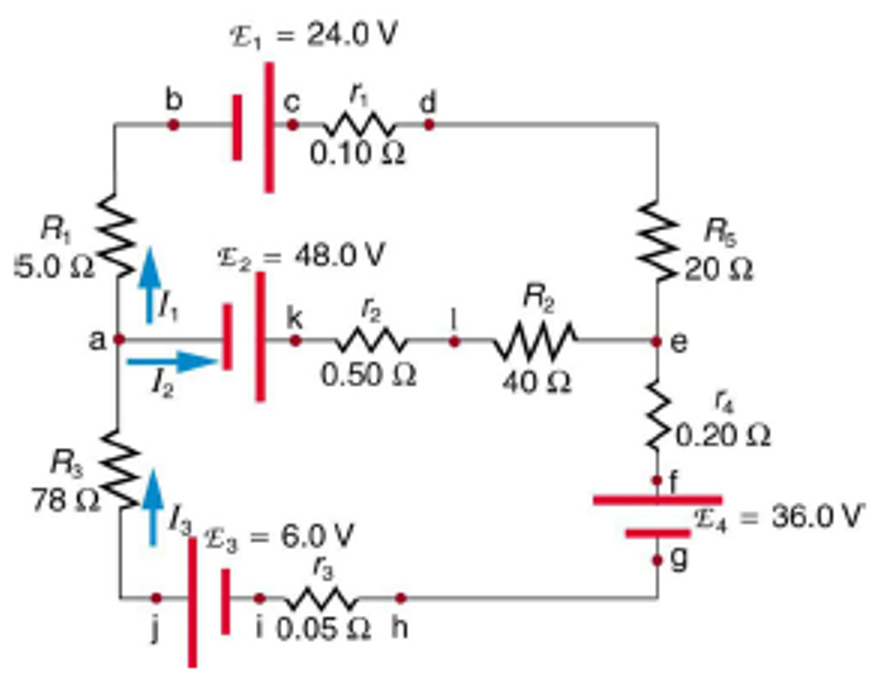 13E = 6.0 V
E, = 24.0 V
b
0.10 2
R,
5.0 Ω
E2 = 48.0 V
Rs
20 Ω
R2
k
2
a
e
0.50 2
40 2
0.20 2
R
78 Ω
E4 = 36.0 V
Eg = 6.0 V
E
j
0.05 2 h
