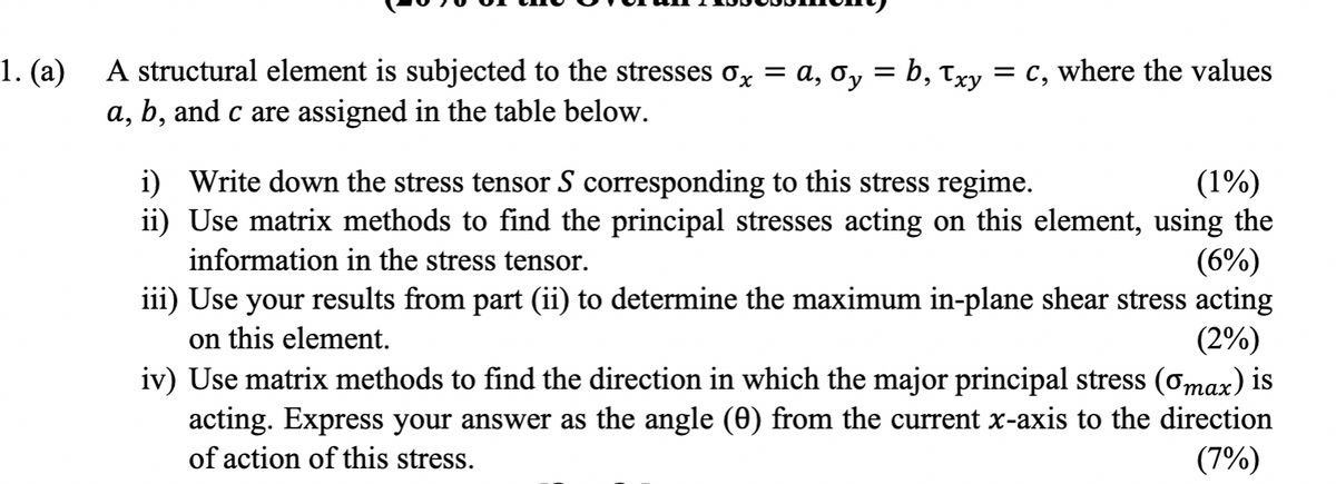 1. (a)
A structural element is subjected to the stresses σx = a, σy = b, ɩxy = c, where the values
a, b, and c are assigned in the table below.
i) Write down the stress tensor S corresponding to this stress regime.
(1%)
ii) Use matrix methods to find the principal stresses acting on this element, using the
information in the stress tensor.
(6%)
iii) Use your results from part (ii) to determine the maximum in-plane shear stress acting
on this element.
(2%)
iv) Use matrix methods to find the direction in which the major principal stress (σmax) is
acting. Express your answer as the angle (0) from the current x-axis to the direction
of action of this stress.
(7%)