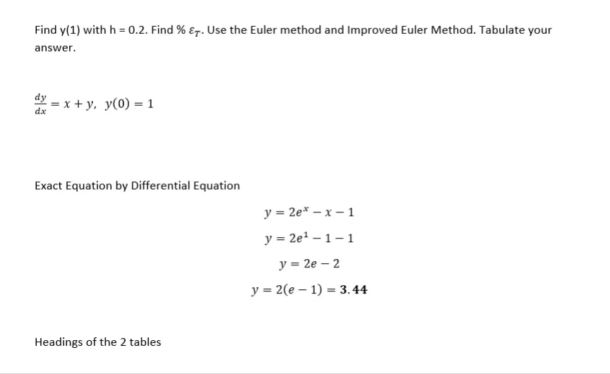 Find y(1) with h = 0.2. Find % &7. Use the Euler method and Improved Euler Method. Tabulate your
answer.
dy =x+y, y(0) = 1
dx
Exact Equation by Differential Equation
Headings of the 2 tables
y = 2e*-x-1
y = 2e¹-1-1
y = 2e-2
y = 2(e-1) = 3.44