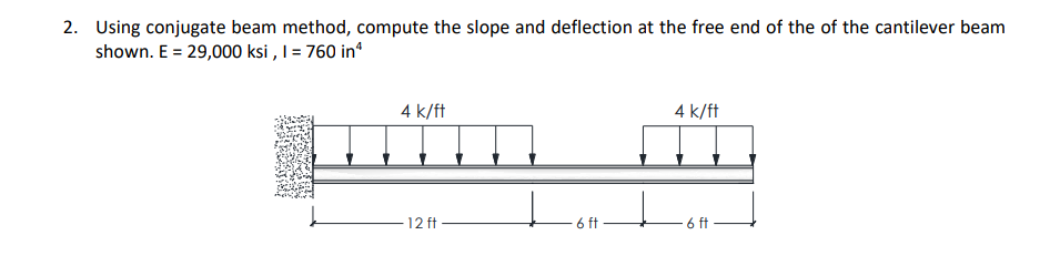 2. Using conjugate beam method, compute the slope and deflection at the free end of the of the cantilever beam
shown. E = 29,000 ksi, 1 = 760 inª
4 k/ft
12 ft
6 ft
4 k/ft
6 ft