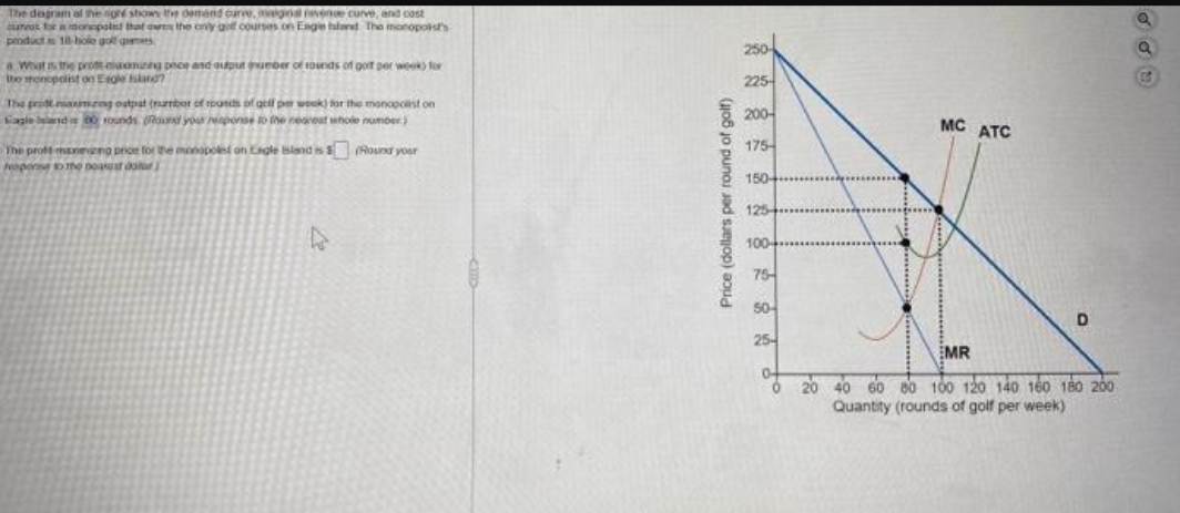 The dogram at the age shows the demand carve, god revenue curve, and cost
curvat for a monopolist that owns the only golf courses on Eage hland The monopolist's
products 18-hole golf gemees
8. What is the prot manung pece and output number of rounds of got per week) for
the monopolist on Eagle land?
The prott mauming outpat (number of rounds of golf per week) for the monopolist on
Eagle and 80 rounds (Round your response to the nearest whole number)
(Round your
The prott maxing price for the monopoled on Eagle Blandis
response to the post dotar
D
Price (dollars per round of golf)
250-
225-
200-
175-
150-
125-
100-
75-
50-
25-
0
20
MC ATC
D
EMR
40 60 80 100 120 140 160 180 200
Quantity (rounds of golf per week)