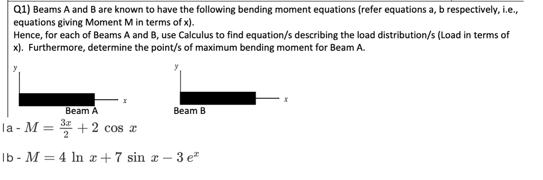 Q1) Beams A and B are known to have the following bending moment equations (refer equations a, b respectively, i.e.,
equations giving Moment M in terms of x).
Hence, for each of Beams A and B, use Calculus to find equation/s describing the load distribution/s (Load in terms of
x). Furthermore, determine the point/s of maximum bending moment for Beam A.
y
Beam A
Beam B
3x
Тa- М
+ 2 cos x
2
Ib - M = 4 In x + 7 sin x –
3 e
