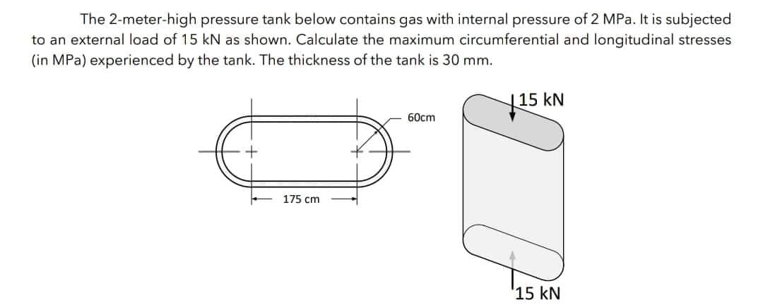 The 2-meter-high pressure tank below contains gas with internal pressure of 2 MPa. It is subjected
to an external load of 15 kN as shown. Calculate the maximum circumferential and longitudinal stresses
(in MPa) experienced by the tank. The thickness of the tank is 30 mm.
175 cm
60cm
115 KN
15 kN