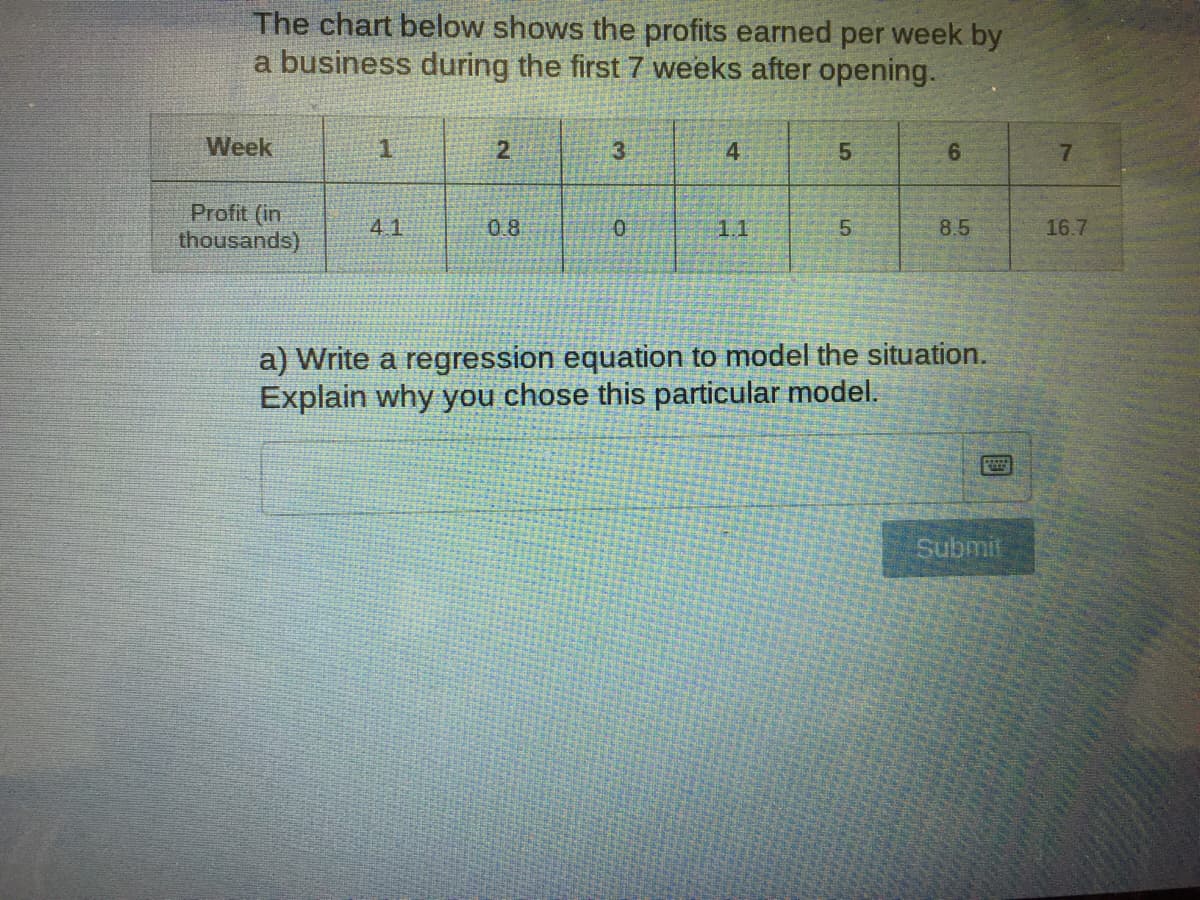 The chart below shows the profits earned per week by
a business during the first 7 weeks after opening.
Week
3
4
Profit (in
thousands)
4.1
0.8
1.1
8.5
16.7
a) Write a regression equation to model the situation.
Explain why you chose this particular model.
Submit
