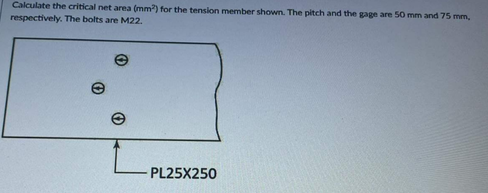 Calculate the critical net area (mm2) for the tension member shown. The pitch and the gage are 50 mm and 75 mm,
respectively. The bolts are M22.
PL25X250
