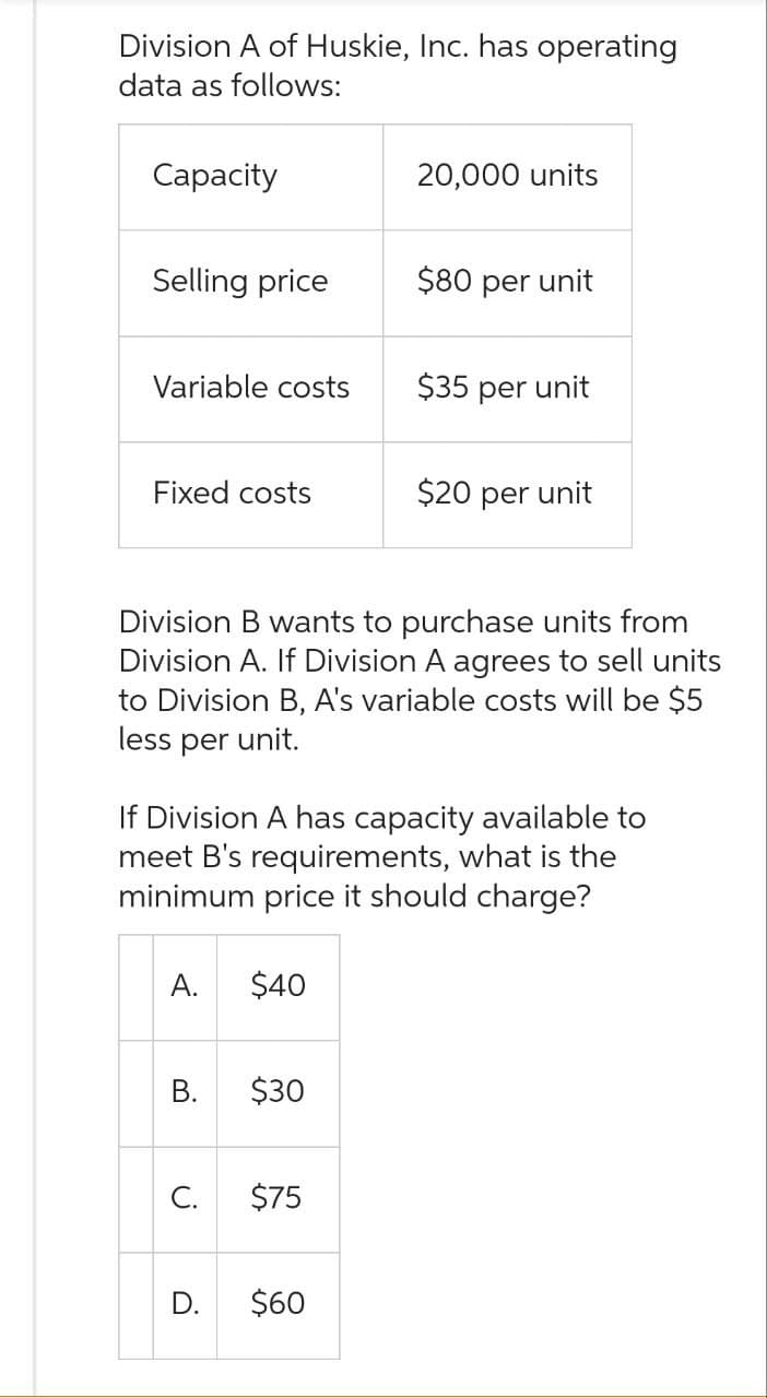 Division A of Huskie, Inc. has operating
data as follows:
Capacity
Selling price
Variable costs
Fixed costs
A.
B.
Division B wants to purchase units from
Division A. If Division A agrees to sell units
to Division B, A's variable costs will be $5
less per unit.
C.
If Division A has capacity available to
meet B's requirements, what is the
minimum price it should charge?
$40
$30
20,000 units
$75
$80 per unit
D. $60
$35 per unit
$20 per unit