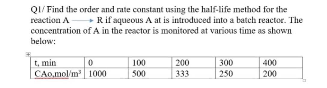 QI/ Find the order and rate constant using the half-life method for the
+ R if aqueous A at is introduced into a batch reactor. The
concentration of A in the reactor is monitored at various time as shown
reaction A
below:
t, min
CAo,mol/m3 1000
100
200
300
400
500
333
250
200
