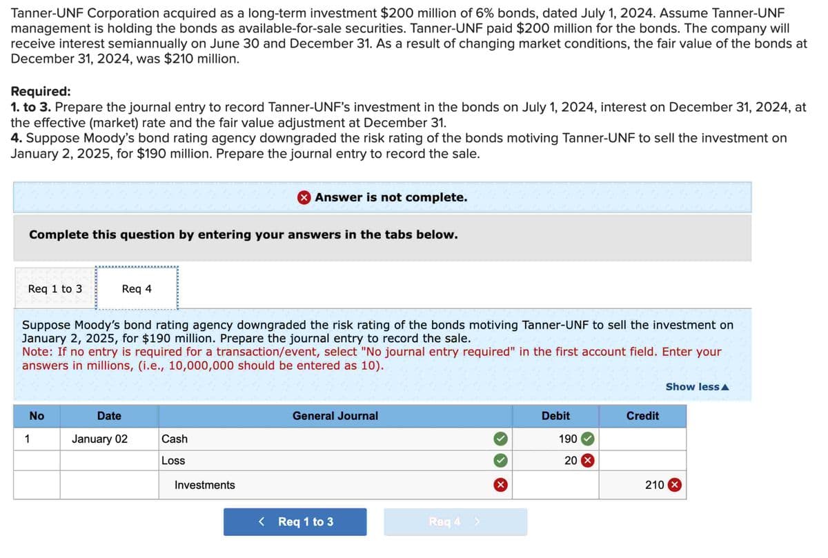 Tanner-UNF Corporation acquired as a long-term investment $200 million of 6% bonds, dated July 1, 2024. Assume Tanner-UNF
management is holding the bonds as available-for-sale securities. Tanner-UNF paid $200 million for the bonds. The company will
receive interest semiannually on June 30 and December 31. As a result of changing market conditions, the fair value of the bonds at
December 31, 2024, was $210 million.
Required:
1. to 3. Prepare the journal entry to record Tanner-UNF's investment in the bonds on July 1, 2024, interest on December 31, 2024, at
the effective (market) rate and the fair value adjustment at December 31.
4. Suppose Moody's bond rating agency downgraded the risk rating of the bonds motiving Tanner-UNF to sell the investment on
January 2, 2025, for $190 million. Prepare the journal entry to record the sale.
Complete this question by entering your answers in the tabs below.
Req 1 to 3
No
Suppose Moody's bond rating agency downgraded the risk rating of the bonds motiving Tanner-UNF to sell the investment on
January 2, 2025, for $190 million. Prepare the journal entry to record the sale.
Note: If no entry is required for a transaction/event, select "No journal entry required" in the first account field. Enter your
answers in millions, (i.e., 10,000,000 should be entered as 10).
1
Req 4
Date
January 02
X Answer is not complete.
Cash
Loss
Investments
General Journal
< Req 1 to 3
Req 4 >
X
Debit
190
20 X
Credit
Show less A
210 X