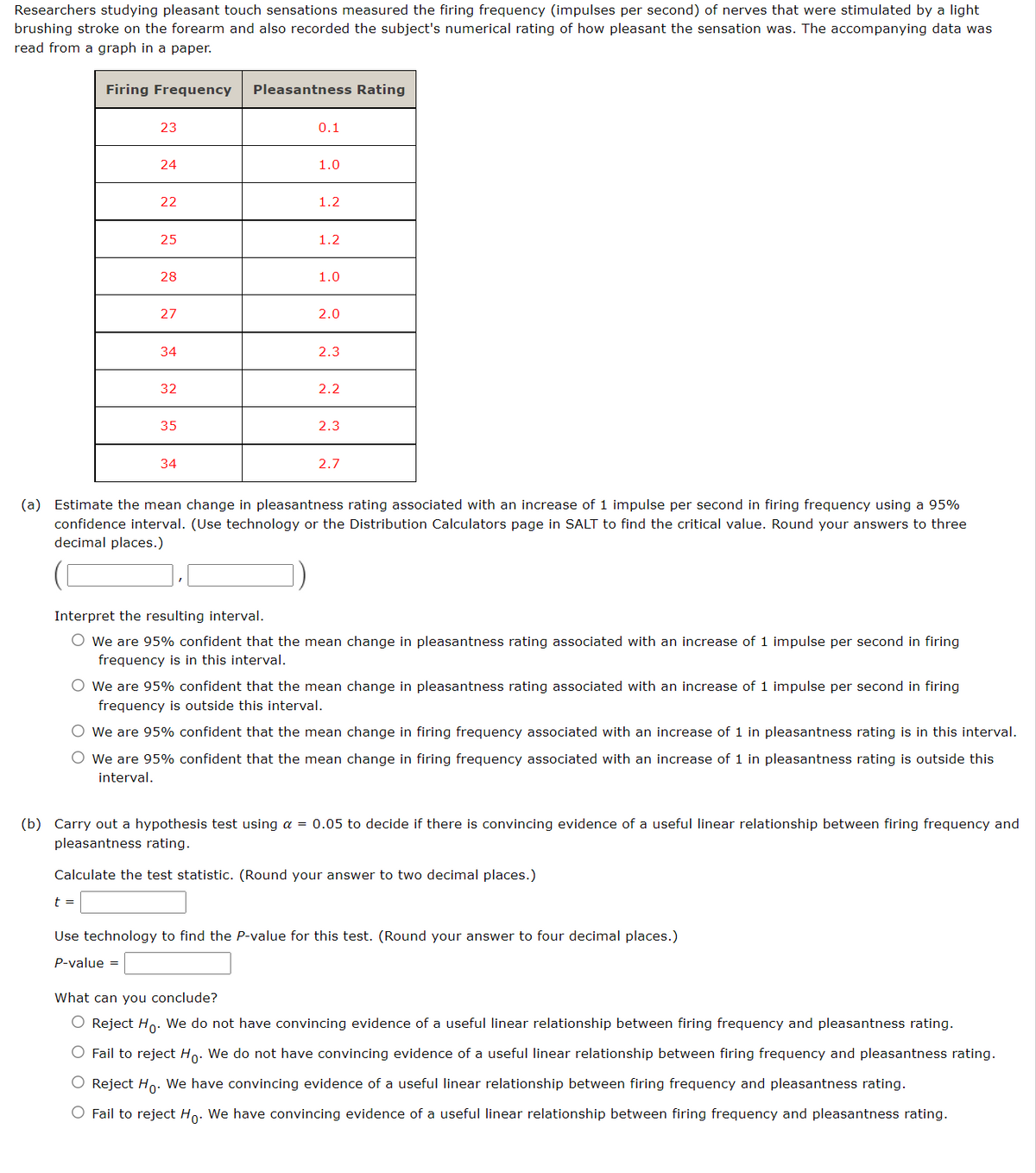 Researchers studying pleasant touch sensations measured the firing frequency (impulses per second) of nerves that were stimulated by a light
brushing stroke on the forearm and also recorded the subject's numerical rating of how pleasant the sensation was. The accompanying data was
read from a graph in a paper.
Firing Frequency
23
24
22
t =
25
28
27
34
32
35
34
Pleasantness Rating
0.1
1.0
1.2
1.2
1.0
2.0
2.3
2.2
2.3
2.7
(a) Estimate the mean change in pleasantness rating associated with an increase of 1 impulse per second in firing frequency using a 95%
confidence interval. (Use technology or the Distribution Calculators page in SALT to find the critical value. Round your answers to three
decimal places.)
Interpret the resulting interval.
O We are 95% confident that the mean change in pleasantness rating associated with an increase of 1 impulse per second in firing
frequency is in this interval.
O We are 95% confident that the mean change in pleasantness rating associated with an increase of 1 impulse per second in firing
frequency is outside this interval.
O We are 95% confident that the mean change in firing frequency associated with an increase of 1 in pleasantness rating is in this interval.
O We are 95% confident that the mean change in firing frequency associated with an increase of 1 in pleasantness rating is outside this
interval.
(b) Carry out a hypothesis test using a = 0.05 to decide if there is convincing evidence of a useful linear relationship between firing frequency and
pleasantness rating.
Calculate the test statistic. (Round your answer to two decimal places.)
Use technology to find the P-value for this test. (Round your answer to four decimal places.)
P-value =
What can you conclude?
O Reject Ho. We do not have convincing evidence of a useful linear relationship between firing frequency and pleasantness rating.
O Fail to reject Ho. We do not have convincing evidence of a useful linear relationship between firing frequency and pleasantness rating.
O Reject Ho. We have convincing evidence of a useful linear relationship between firing frequency and pleasantness rating.
O Fail to reject Ho. We have convincing evidence of a useful linear relationship between firing frequency and pleasantness rating.