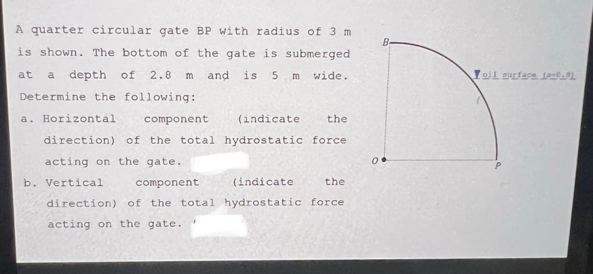 A quarter circular gate BP with radius of 3 m
B.
is shown. The bottom of the gate is submerged
at
a
depth of
2.8
m
and
is
5 m
wide.
Joil surface f=0.81
Determine the following:
a. Horizontal
component
(indicate
the
direction)
of the total hydrostatic force
acting on the gate.
b. Vertical
component
(indicate
the
direction)
of the total hydrostatic force
acting on the gate.
