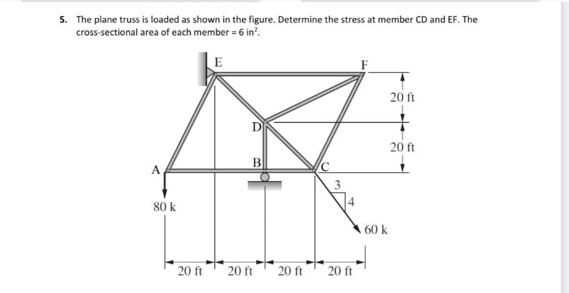 5. The plane truss is loaded as shown in the figure. Determine the stress at member CD and EF. The
cross-sectional area of each member = 6 in?.
E
F
20 ft
D
20 ft
B
A
3
4
80 k
60 k
20 ft
20 ft
20 ft
20 ft
