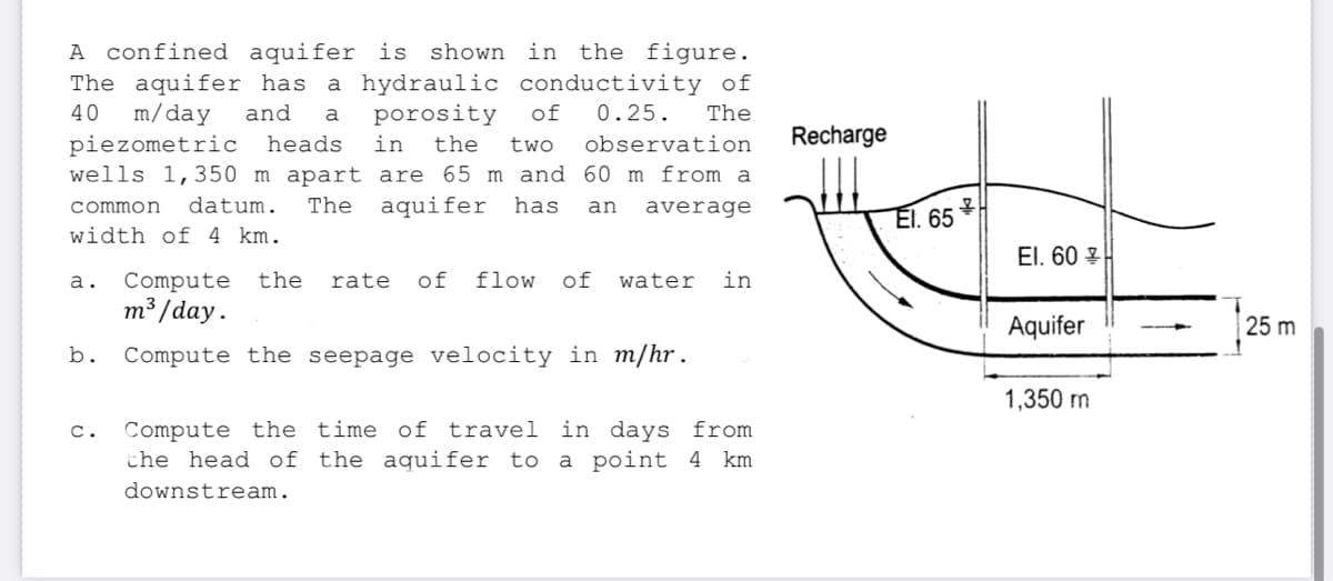 A confined aquifer is shown in the figure.
The aquifer has a hydraulic conductivity of
m/day
piezometric heads
wells 1,350 m apart are 65 m and 60 m from a
40
and
a
porosity
of
0.25.
The
in
the
two
observation
Recharge
datum.
The
aquifer has
common
an
average
El. 65
width of 4 km.
El. 60 목
the
flow
in
Compute
т3/day.
а.
rate
of
of
water
Aquifer
25 m
b.
Compute the seepage velocity in m/hr .
1,350 m
Compute the time of travel in days from
the head of the aquifer to a point 4 km
с.
downstream.
