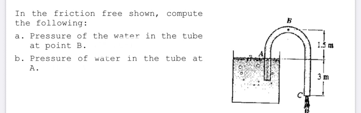 In the friction free shown,
the following:
compute
a. Pressure of the water in the tube
at point B.
1.5 m
b. Pressure of water in the tube at
3 m
A.
