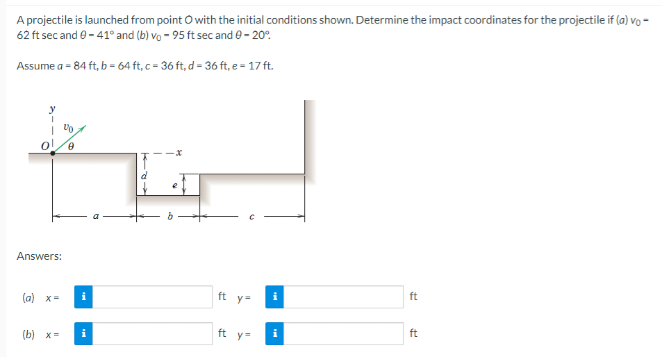 A projectile is launched from point O with the initial conditions shown. Determine the impact coordinates for the projectile if (a) vo =
62 ft sec and 0 = 41° and (b) vo = 95 ft sec and 0 = 20°
Assume a = 84 ft, b = 64 ft, c = 36 ft, d = 36 ft, e = 17 ft.
VO
oe
Answers:
(a) x=
(b) x=
i
M
D
e
ft y=
ft y =
i
MI
ft
ft