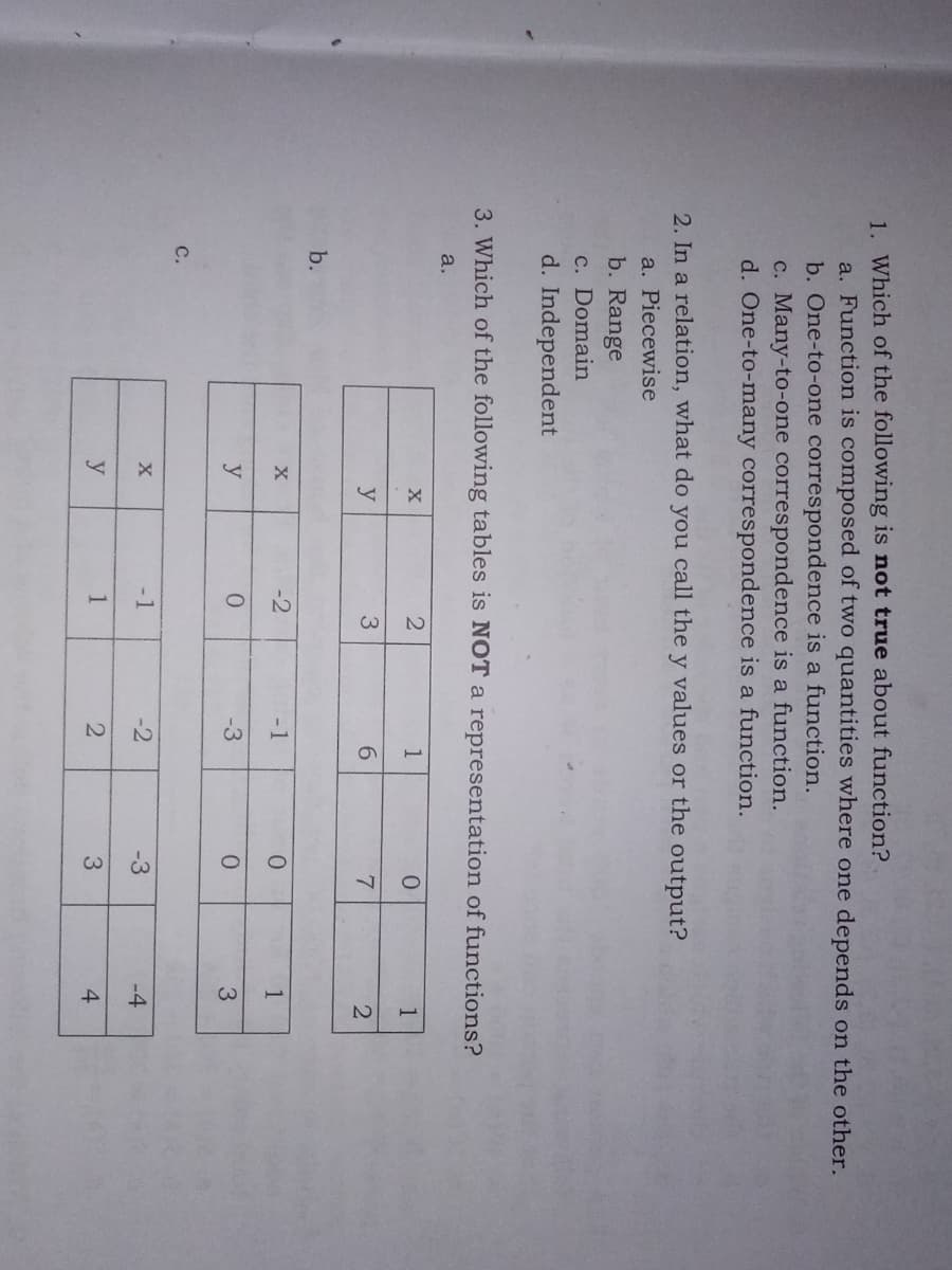 1. Which of the following is not true about function?
a. Function is composed of two quantities where one depends on the other.
b. One-to-one correspondence is a function.
c. Many-to-one correspondence is a function.
d. One-to-many correspondence is a function.
2. In a relation, what do you call the y values or the output?
a. Piecewise
b. Range
c. Domain
d. Independent
3. Which of the following tables is NOT a representation of functions?
a.
X
1
3
6.
b.
-2
-1
1
y
-3
с.
-1
-2
-3
-4
y
1
3
4
