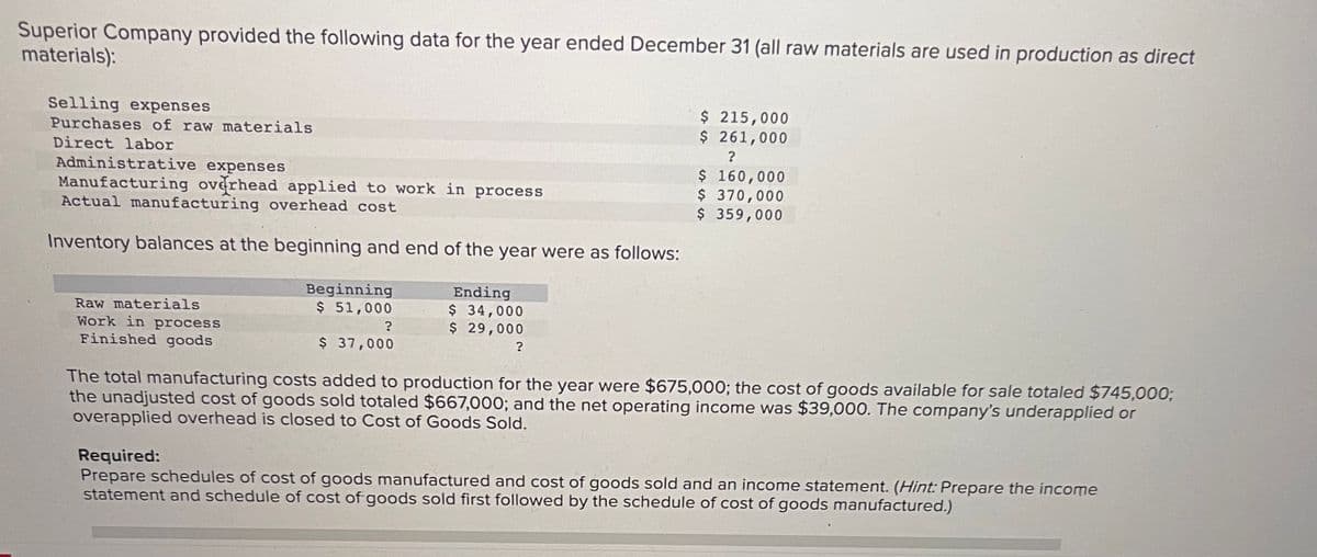 Superior Company provided the following data for the year ended December 31 (all raw materials are used in production as direct
materials):
Selling expenses
Purchases of raw materials
Direct labor
Administrative expenses
Manufacturing overhead applied to work in process
Actual manufacturing overhead cost
Inventory balances at the beginning and end of the year were as follows:
Raw materials
Work in process
Finished goods
Beginning
$ 51,000
?
$ 37,000
Ending
$ 34,000
$ 29,000
?
$ 215,000
$ 261,000
?
$ 160,000
$ 370,000
$ 359,000
The total manufacturing costs added to production for the year were $675,000; the cost of goods available for sale totaled $745,000;
the unadjusted cost of goods sold totaled $667,000; and the net operating income was $39,000. The company's underapplied or
overapplied overhead is closed to Cost of Goods Sold.
Required:
Prepare schedules of cost of goods manufactured and cost of goods sold and an income statement. (Hint: Prepare the income
statement and schedule of cost of goods sold first followed by the schedule of cost of goods manufactured.)