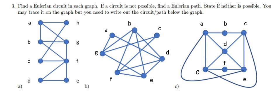 3. Find a Eulerian circuit in each graph. If a circuit is not possible, find a Eulerian path. State if neither is possible. You
may trace it on the graph but you need to write out the circuit/path below the graph.
a
h
b
a
b
с
b
d
d.
f
d
e
e
e
a)
b)
c)
