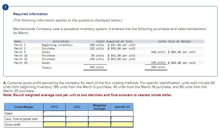 Required information
[The following information applies to the questions displayed below.]
Warnerwoods Company uses a perpetual inventory system. It entered into the following purchases and sales transactions
for March.
Date
March 1
March 5
March 9
March 18
March 25
March 29
Gross Margin
Activities
Beginning inventory
Purchase
Sales
Purchase
Purchase
Sales
Totals
Sales
Less: Cost of goods sold
Gross profit
FIFO
Units Acquired at Cost
100 units @ $51.00 per unit
225 units @ $56.00 per unit
LIFO
85 units
150 units
560 units
4. Compute gross profit earned by the company for each of the four costing methods. For specific identification, units sold include 65
units from beginning inventory, 195 units from the March 5 purchase, 45 units from the March 18 purchase, and 85 units from the
March 25 purchase.
Note: Round weighted average cost per unit to two decimals and final answers to nearest whole dollar.
@ $61.00 per unit
@ $63.00 per unit
Weighted
Average
Units Sold at Retail
Specific ID
260 units @ $86.00 per unit
130 units @ $96.00 per unit
390 units