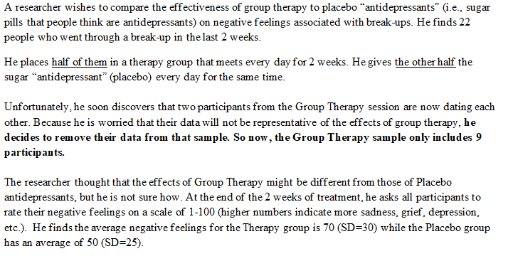 A researcher wishes to compare the effectiveness of group therapy to placebo “antidepressants" (i.e., sugar
pills that people think are antidepressants) on negative feelings associated with break-ups. He finds 22
people who went through a break-up in the last 2 weeks.
He places half of them in a therapy group that meets every day for 2 weeks. He gives the other half the
sugar “antidepressant" (placebo) every day for the same time.
Unfortunately, he soon discovers that two participants from the Group Therapy session are now dating each
other. Because he is worried that their data will not be representative of the effects of group therapy, he
decides to remove their data from that sample. So now, the Group Therapy sample only includes 9
participants.
The researcher thought that the effects of Group Therapy might be different from those of Placebo
antidepressants, but he is not sure how. At the end of the 2 weeks of treatment, he asks all participants to
rate their negative feelings on a scale of 1-100 (higher numbers indicate more sadness, grief, depression,
etc.). He finds the average negative feelings for the Therapy group is 70 (SD=30) while the Placebo group
has an average of 50 (SD=25).
