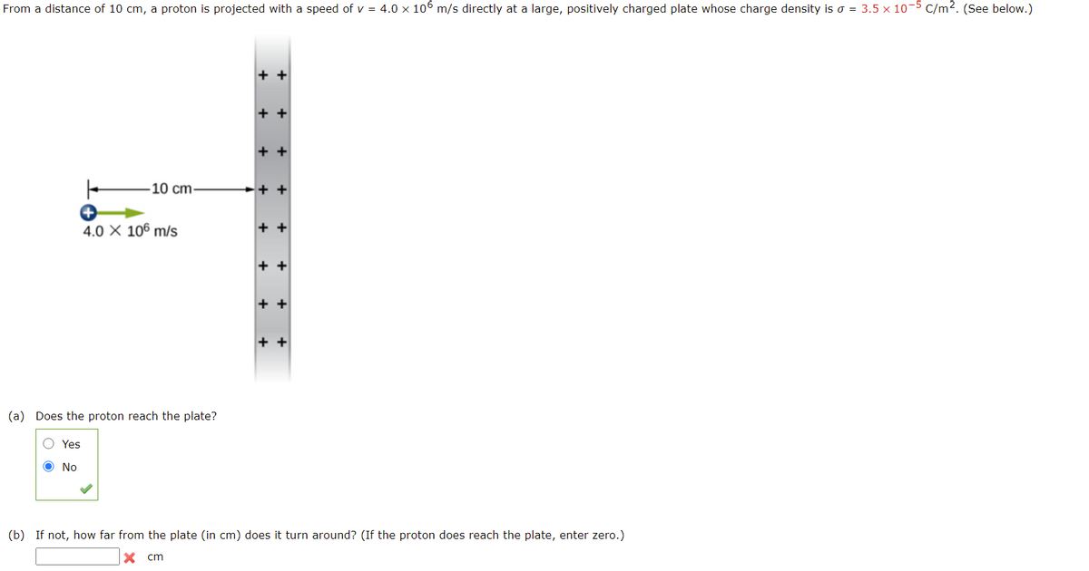 From a distance of 10 cm, a proton is projected with a speed of v = 4.0 × 106 m/s directly at a large, positively charged plate whose charge density is o = 3.5 x 10-5 C/m². (See below.)
-10 cm-
4.0 X 106 m/s
(a) Does the proton reach the plate?
O Yes
No
++
++
++
++
++
++
++
++
(b) If not, how far from the plate (in cm) does it turn around? (If the proton does reach the plate, enter zero.)
X cm