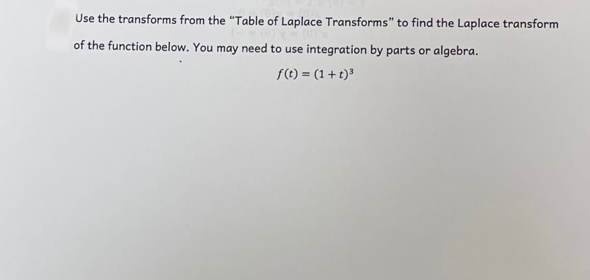 Use the transforms from the "Table of Laplace Transforms" to find the Laplace transform
of the function below. You may need to use integration by parts or algebra.
f(t) = (1+t)3
