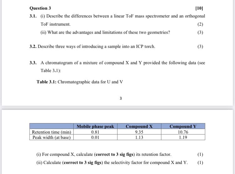 Question 3
[10]
3.1. (i) Describe the differences between a linear ToF mass spectrometer and an orthogonal
ToF instrument.
(2)
(ii) What are the advantages and limitations of these two geometries?
(3)
(3)
3.2. Describe three ways of introducing a sample into an ICP torch.
3.3. A chromatogram of a mixture of compound X and Y provided the following data (see
Table 3.1):
Table 3.1: Chromatographic data for U and V
3
Retention time (min)
Mobile phase peak
0.81
Compound X
9.35
Compound Y
10.76
Peak width (at base)
0.01
1.13
1.19
(i) For compound X, calculate (correct to 3 sig figs) its retention factor.
(1)
(ii) Calculate (correct to 3 sig figs) the selectivity factor for compound X and Y.
(1)