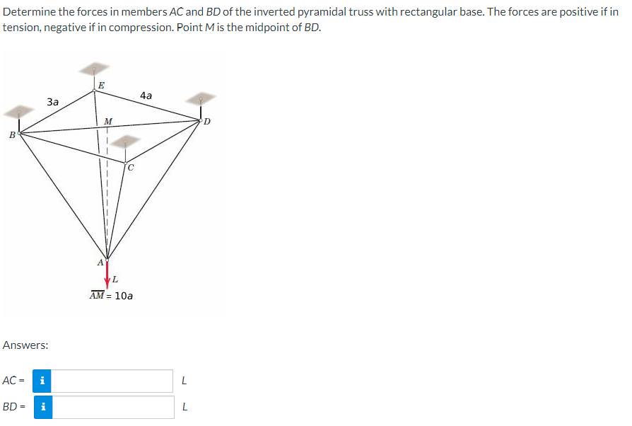 Determine the forces in members AC and BD of the inverted pyramidal truss with rectangular base. The forces are positive if in
tension, negative if in compression. Point M is the midpoint of BD.
B
Answers:
AC =
BD=
i
3a
i
E
M
A
L
AM = 10a
4a
L
L
D