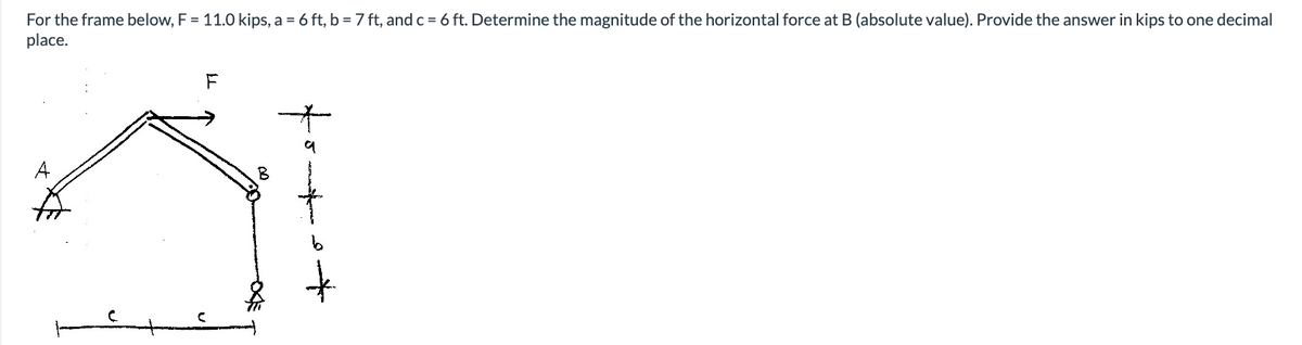 For the frame below, F = 11.0 kips, a = 6 ft, b =7 ft, and c = 6 ft. Determine the magnitude of the horizontal force at B (absolute value). Provide the answer in kips to one decimal
place.
A
