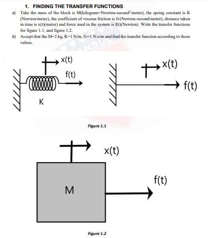 1. FINDING THE TRANSFER FUNCTIONS
a) Take the mass of the block is M(kilogram-Newton-second/meter), the spring constant is K
(Newton/meter), the coefficient of viscous friction is fv(Newton-second/meter), distance taken
in time is x(tXmeter) and force used in the system is fitNewton). Write the transfer functions
for figure 1.1, and figure 1.2.
NBU
x(t)
b) Accept that the M-2 kg, K-1 N/m, fr-1 N-sim and find the transfer function according to those
values.
(1)×
f(t)
f(t)
K
Figure 1.1
x(t)
f(t)
M
Figure 1.2
