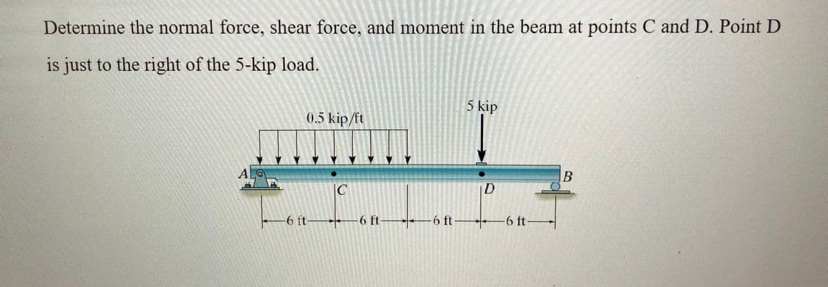 Determine the normal force, shear force, and moment in the beam at points C and D. Point D
is just to the right of the 5-kip load.
AL
0.5 kip/ft
C
-6
6
-6 ft-
ft--6 ft
ft
5 kip
D
6 ft
B