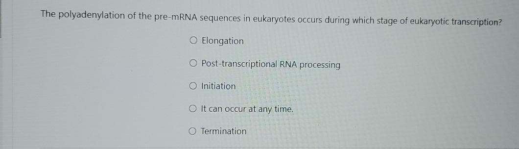 The polyadenylation of the pre-mRNA sequences in eukaryotes occurs during which stage of eukaryotic transcription?
O Elongation
O Post-transcriptional RNA processing
O Initiation
O It can occur at any time.
O Termination