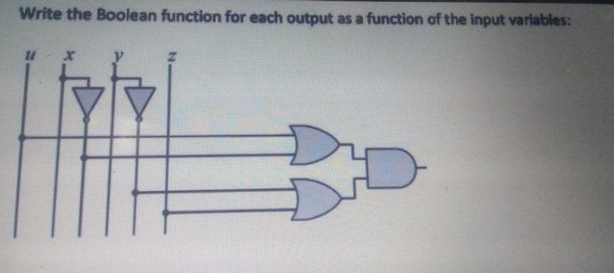 Write the Boolean function for each output as a function of the input variables:
