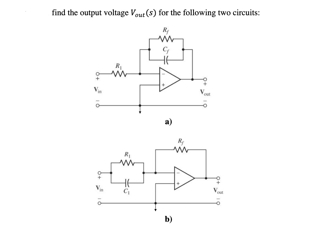 find the output voltage Vout (s) for the following two circuits:
Rf
R1
in
Vout
а)
Rf
R1
Vin
V.
out
b)
