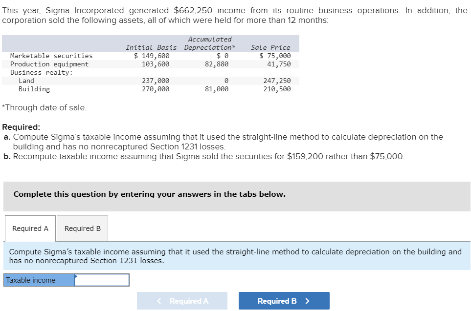 This year, Sigma Incorporated generated $662,250 income from its routine business operations. In addition, the
corporation sold the following assets, all of which were held for more than 12 months:
Marketable securities
Production equipment
Business realty:
Land
Building
Accumulated
Initial Basis Depreciation*
$ 149,600
103,600
Required A Required B
237,000
270,000
$0
82,880
Taxable income
81,000
*Through date of sale.
Required:
a. Compute Sigma's taxable income assuming that it used the straight-line method to calculate depreciation on the
building and has no nonrecaptured Section 1231 losses.
b. Recompute taxable income assuming that Sigma sold the securities for $159,200 rather than $75,000.
Sale Price
$ 75,000
41,750
Complete this question by entering your answers in the tabs below.
247,250
210,500
Compute Sigma's taxable income assuming that it used the straight-line method to calculate depreciation on the building and
has no nonrecaptured Section 1231 losses.
< Required A
Required B >