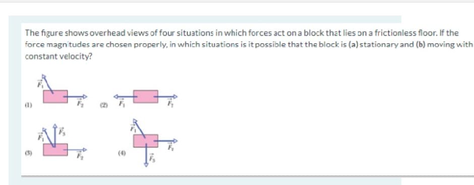 The figure shows overhead views of four situations in which forces act on a block that lies on a frictionless floor. If the
force magnitudes are chosen properly, in which situations is it possible that the block is (a) stationary and (b) moving with
constant velocity?