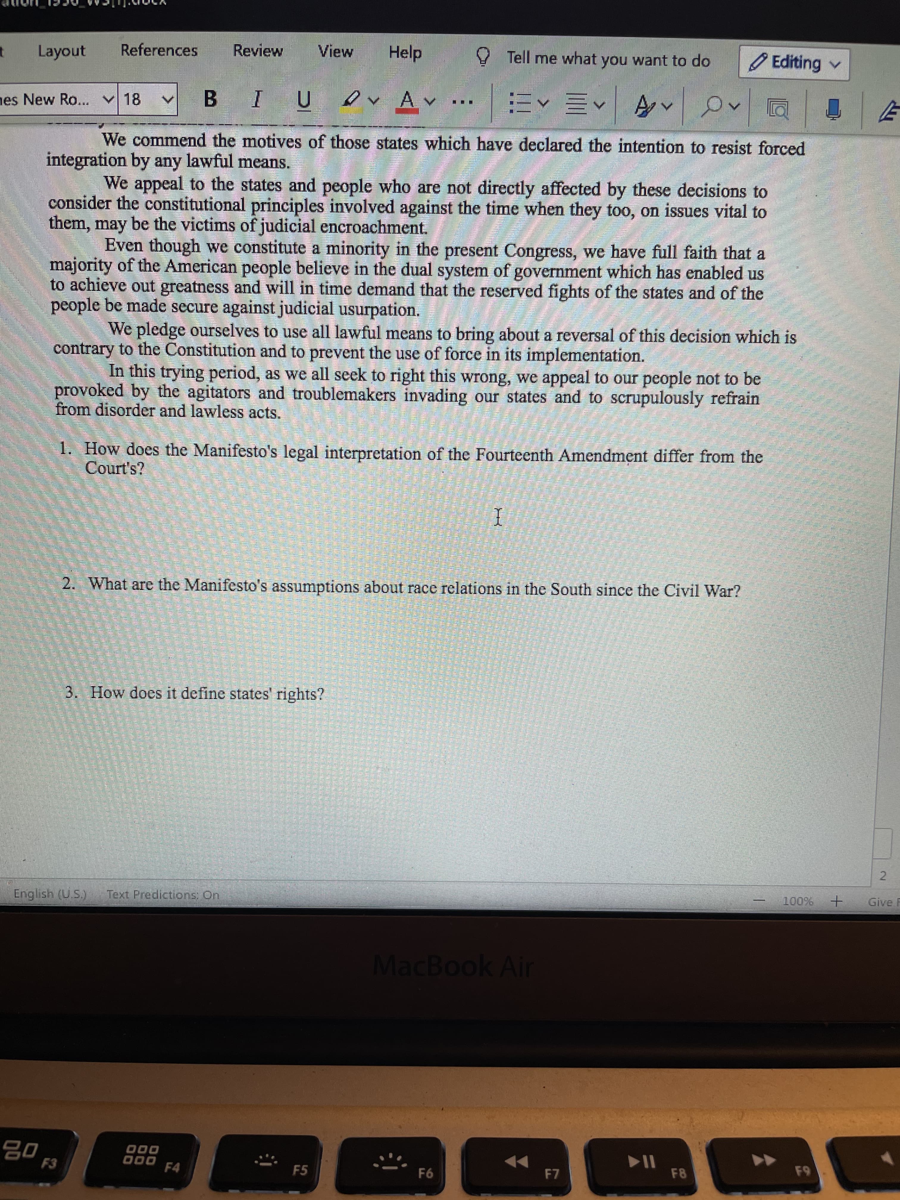 1. How does the Manifesto's legal interpretation of the Fourteenth Amendment differ from the
Court's?
