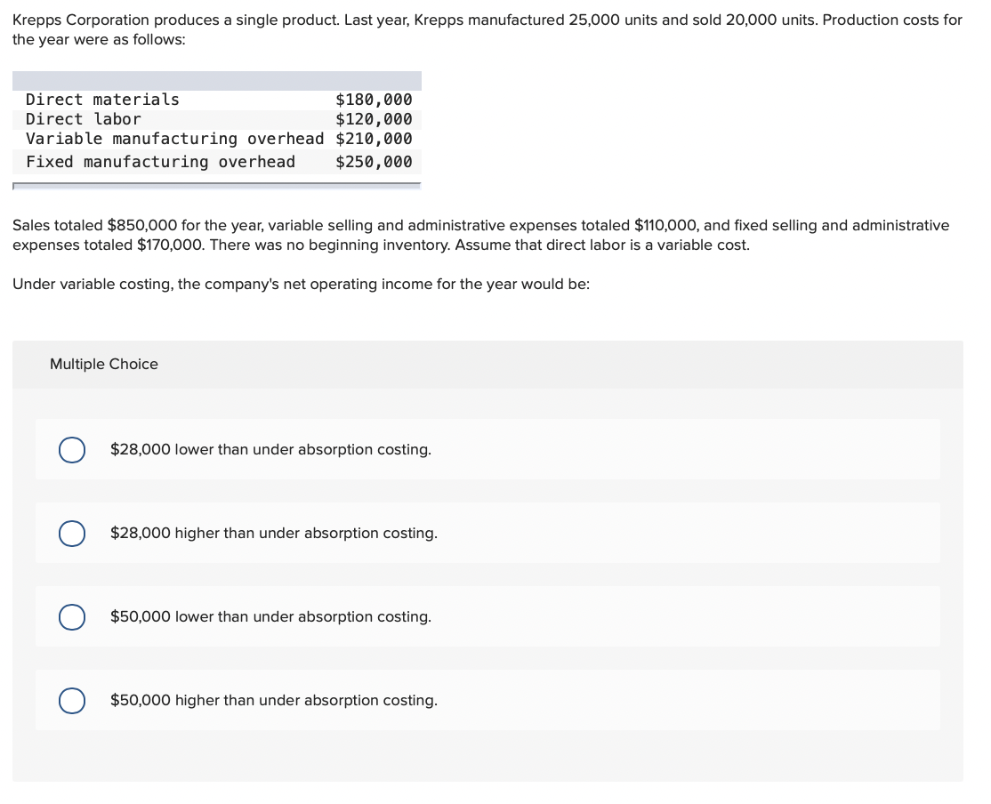 Krepps Corporation produces a single product. Last year, Krepps manufactured 25,000 units and sold 20,000 units. Production costs for
the year were as follows:
$180,000
$120,000
Variable manufacturing overhead $210,000
$250,000
Direct materials
Direct labor
Fixed manufacturing overhead
Sales totaled $850,000 for the year, variable selling and administrative expenses totaled $110,000, and fixed selling and administrative
expenses totaled $170,000. There was no beginning inventory. Assume that direct labor is a variable cost.
Under variable costing, the company's net operating income for the year would be:
Multiple Choice
$28,000 lower than under absorption costing.
$28,000 higher than under absorption costing.
$50,000 lower than under absorption costing.
$50,000 higher than under absorption costing.
